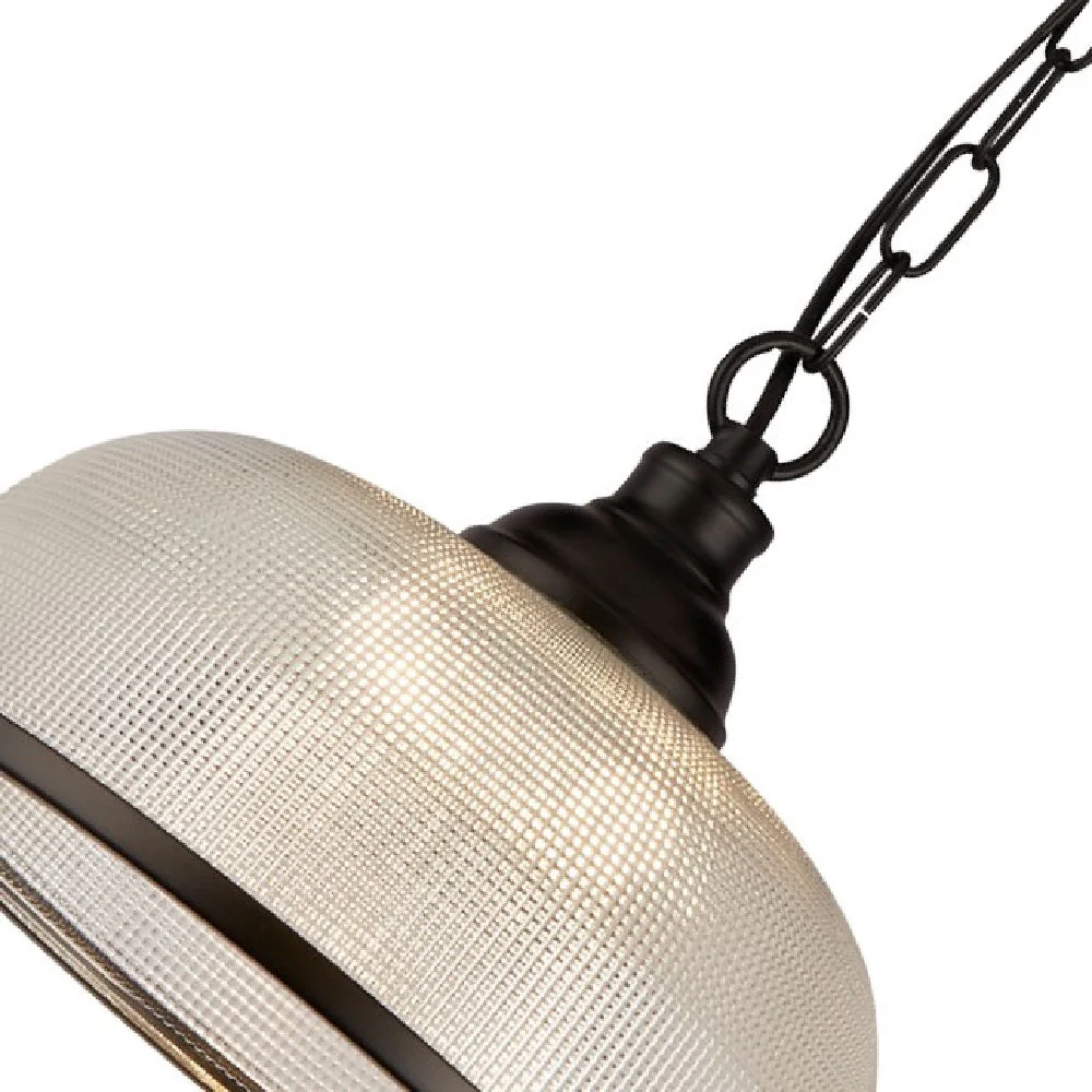 Matt Black & Holophane Glass Vintage Dome Pendant Light 27cm - Image 4