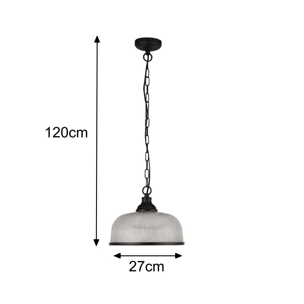 Matt Black & Holophane Glass Vintage Dome Pendant Light 27cm - Image 5