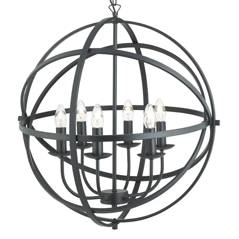 Matt Black Metal Banded Sphere Vintage 6 Lamp Pendant Light 60cm - Image 2