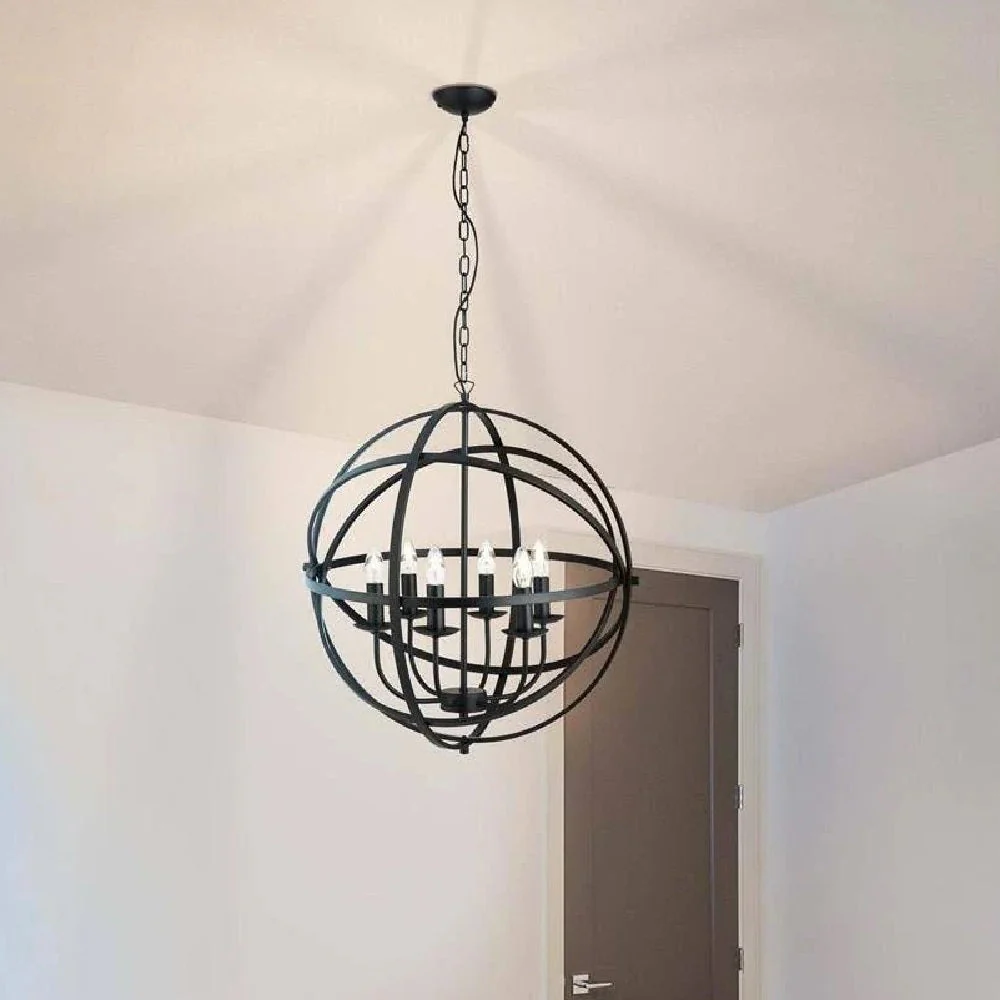 Matt Black Metal Banded Sphere Vintage 6 Lamp Pendant Light 60cm - Image 5
