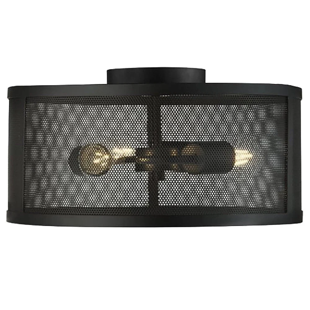 Matt Black Round Mesh Cage Vintage 3 Lamp Drum Flush Light 45cm