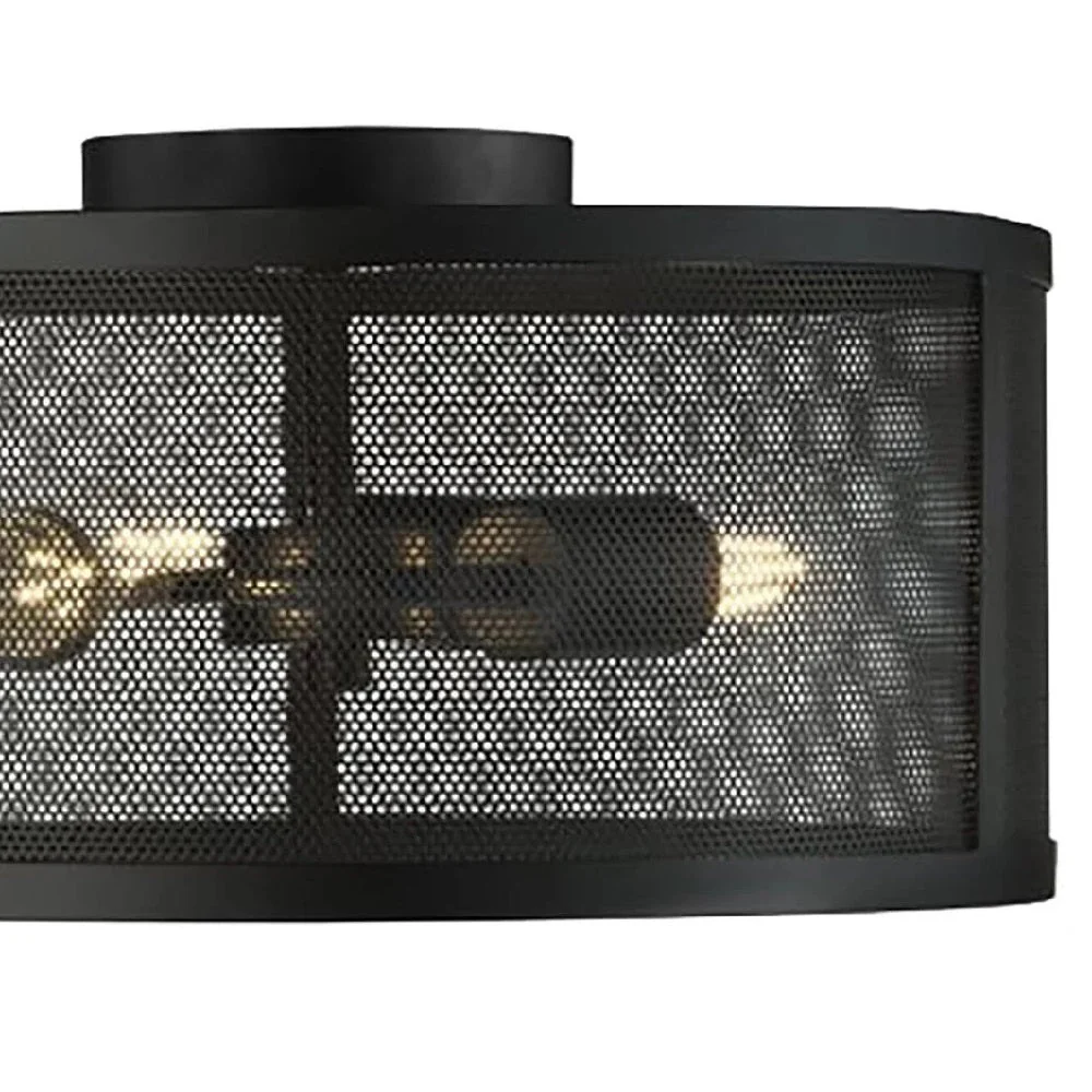 Matt Black Round Mesh Cage Vintage 3 Lamp Drum Flush Light 45cm - Image 2