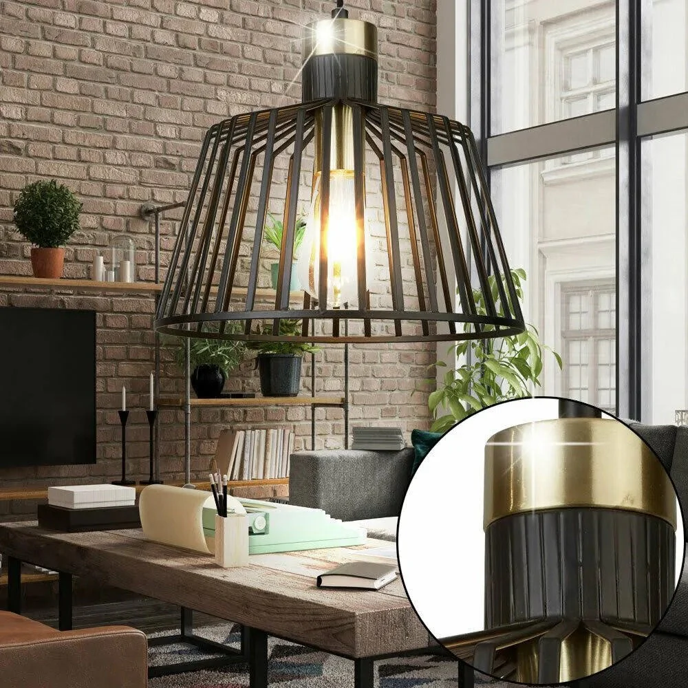 Matt Black & Satin Brass Vintage Dome Cage Pendant Ceiling Light 30cm - Image 4