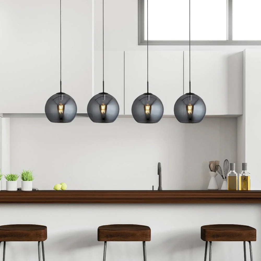 Matt Black & Smoked Glass Dome 4 Lamp Bar Pendant Light 176cm - Image 4