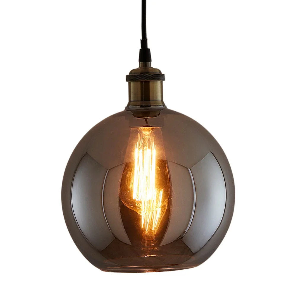 Matt Black & Smoked Glass Vintage Globe Dome Pendant Light 20cm - Image 2