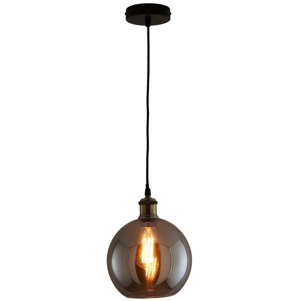Matt Black & Smoked Glass Vintage Globe Dome Pendant Light 20cm - Image 3