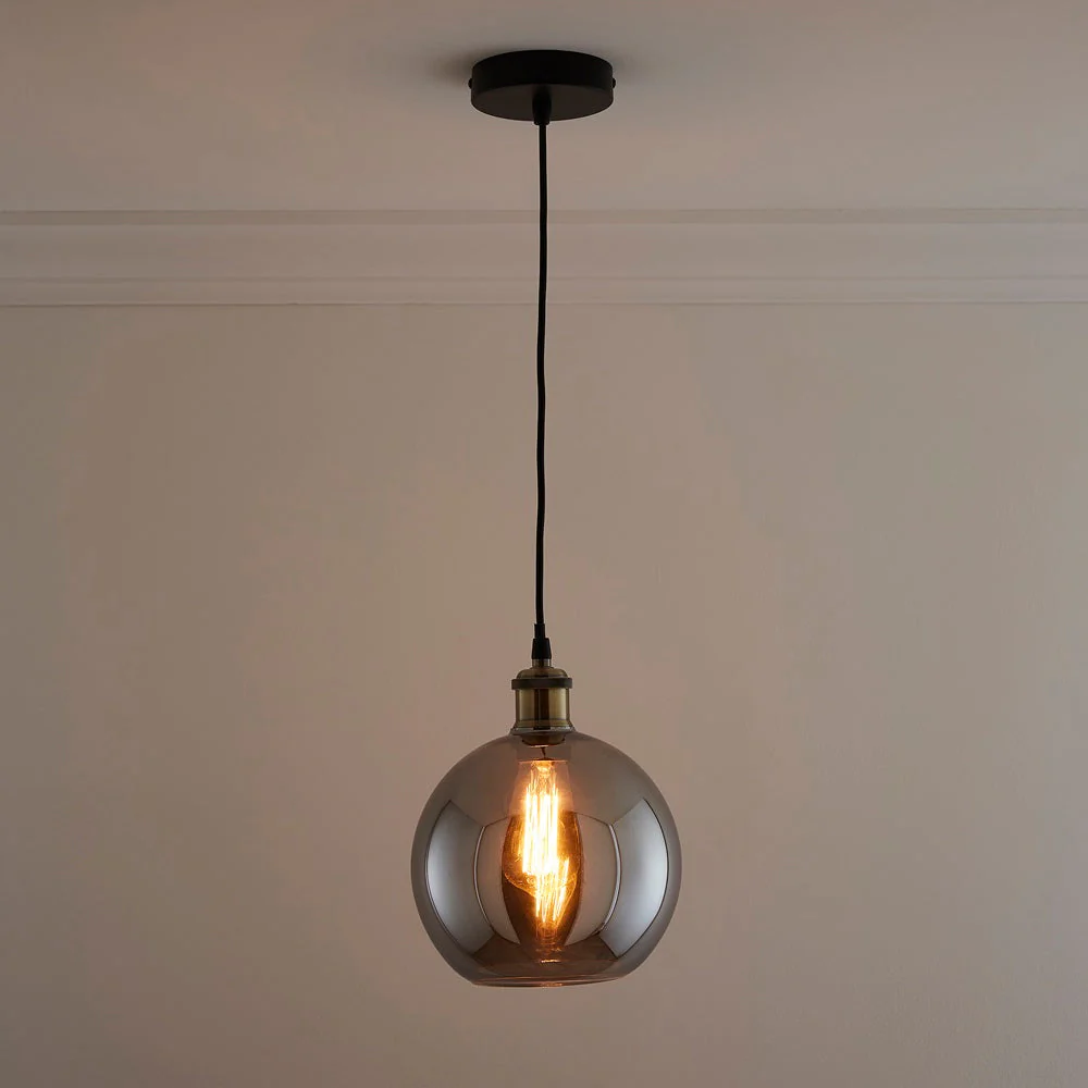 Matt Black & Smoked Glass Vintage Globe Dome Pendant Light 20cm - Image 5