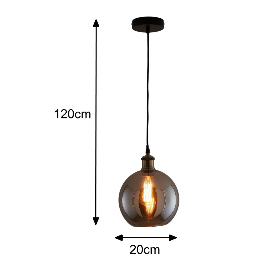 Matt Black & Smoked Glass Vintage Globe Dome Pendant Light 20cm - Image 6