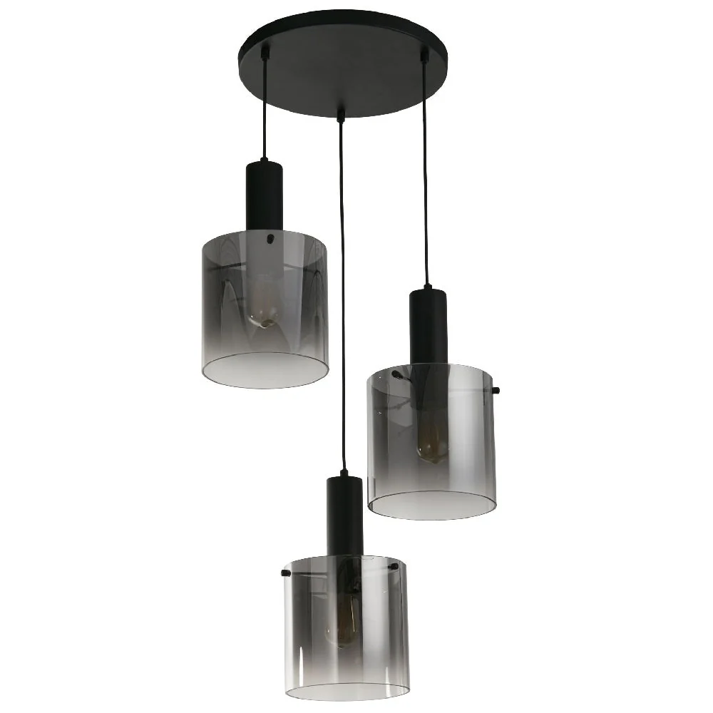 Matt Black & Smoked Ombre Glass Cylinder Vintage 3 Lamp Cluster Pendant 42cm - Image 2