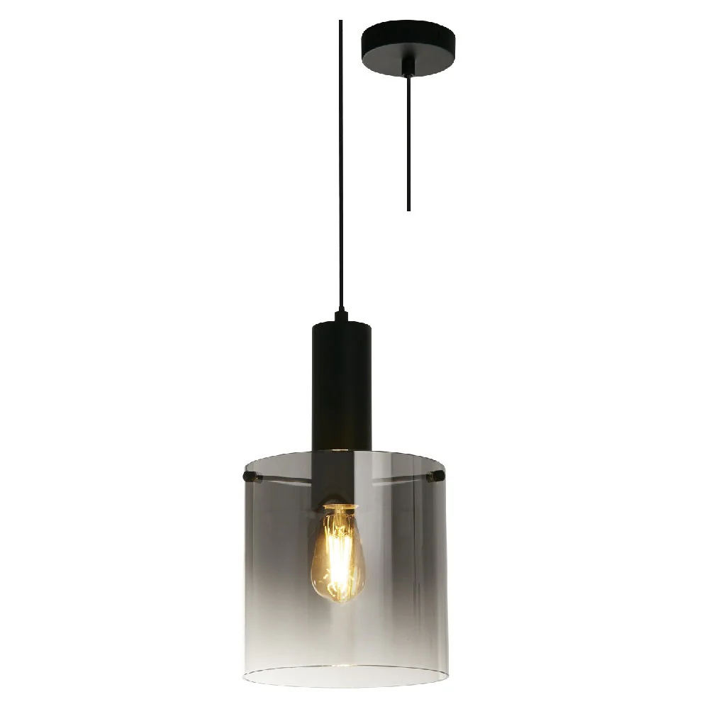 Matt Black & Smoked Ombre Glass Cylinder Vintage Pendant Light 22cm