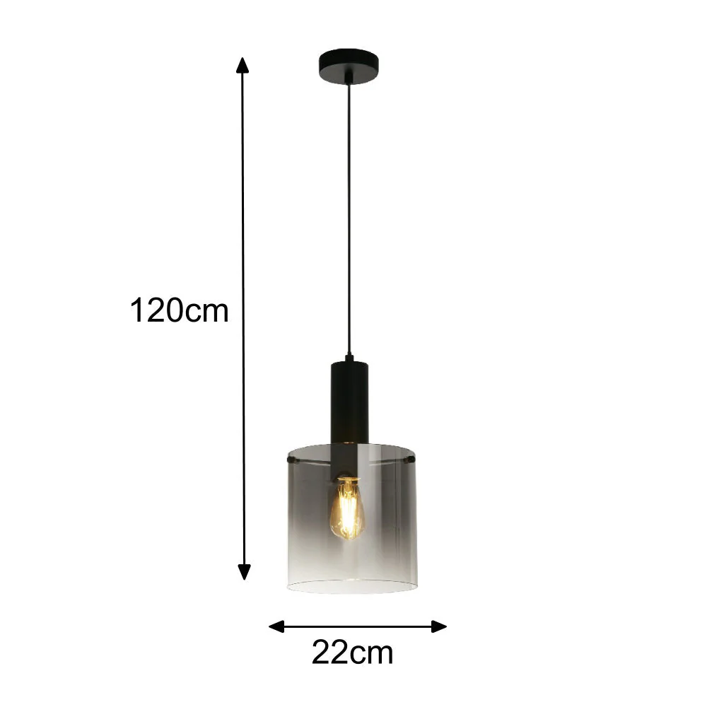 Matt Black & Smoked Ombre Glass Cylinder Vintage Pendant Light 22cm - Image 5