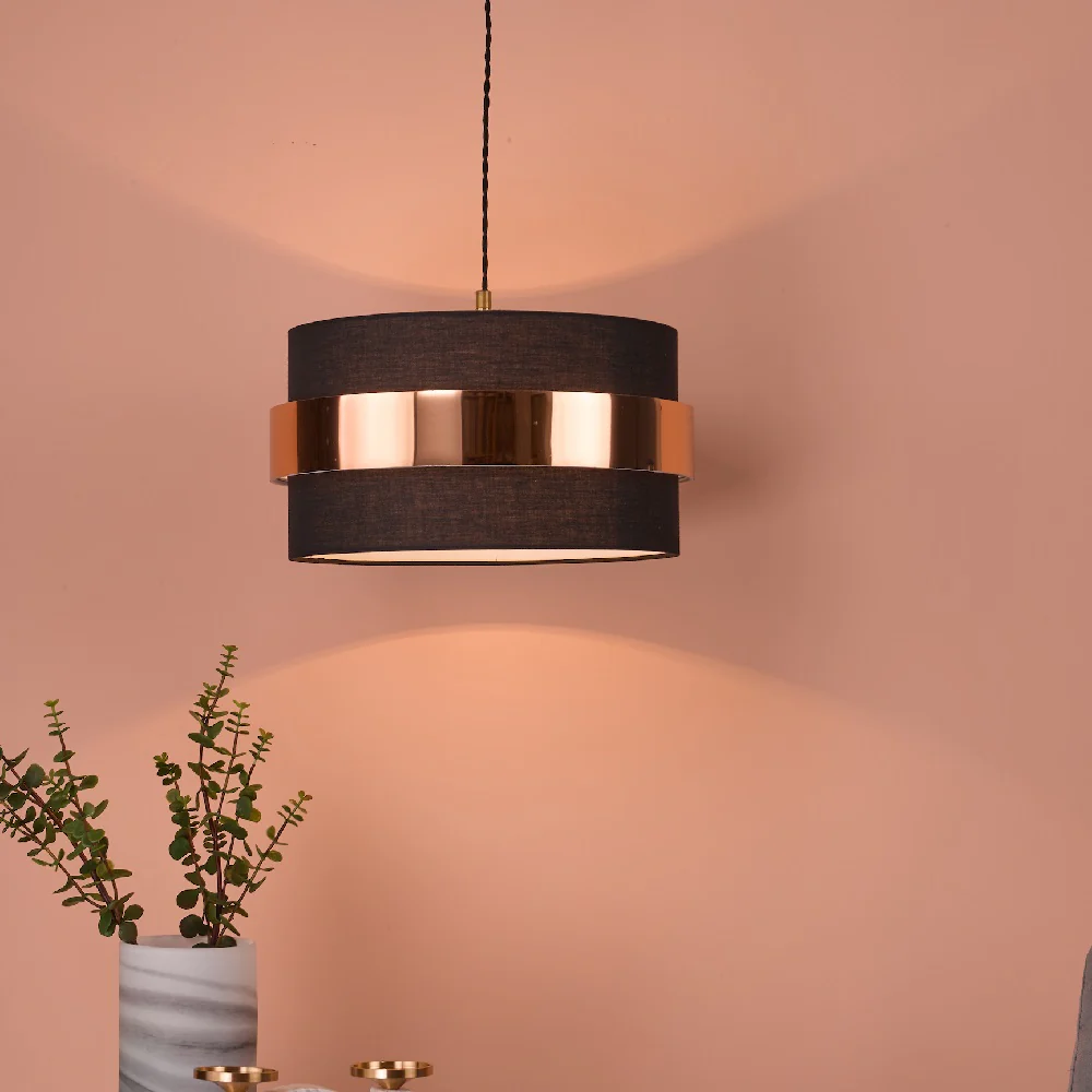 Navy Blue Cotton & Copper Metallic Band Vintage Easy Fit Drum Pendant Shade 38cm - Image 4