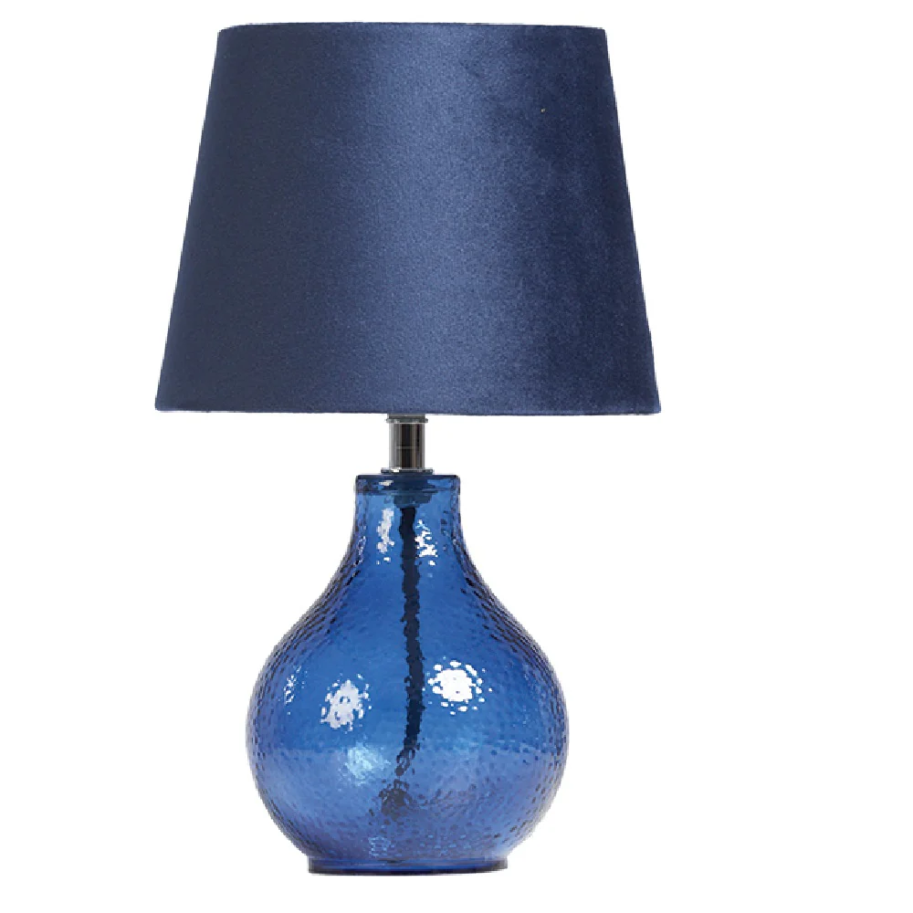 Navy Blue Dimpled Glass Modern Table Lamp with Navy Blue Velvet Shade 300mm