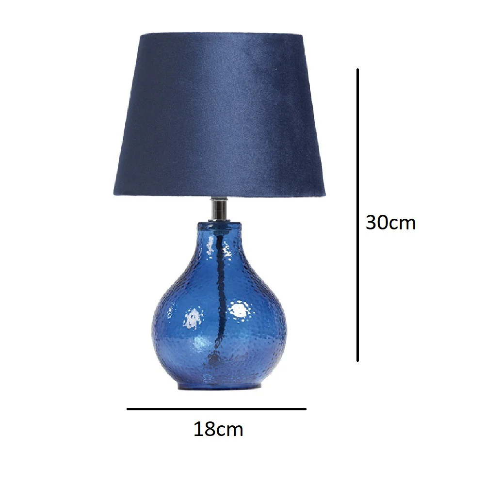 Navy Blue Dimpled Glass Modern Table Lamp with Navy Blue Velvet Shade 300mm - Image 4