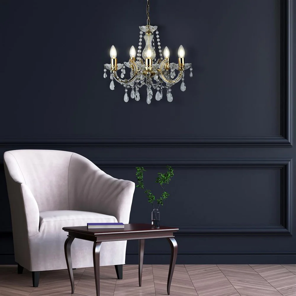 Polished Brass 5 Lamp Crystal Chandelier Pendant Light 480mm - Image 3