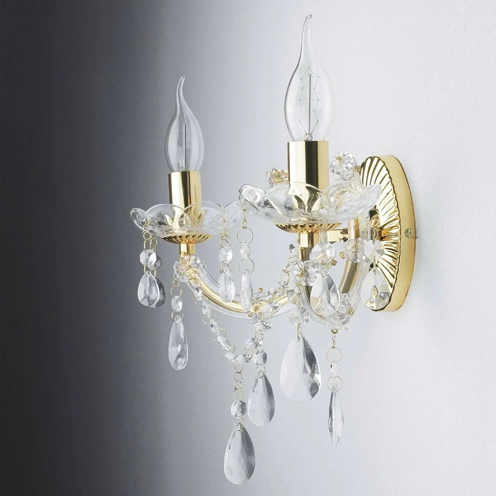Polished Brass Vintage 2 Lamp Wall Light with Crystal Acrylic Beads 320mm - Image 3