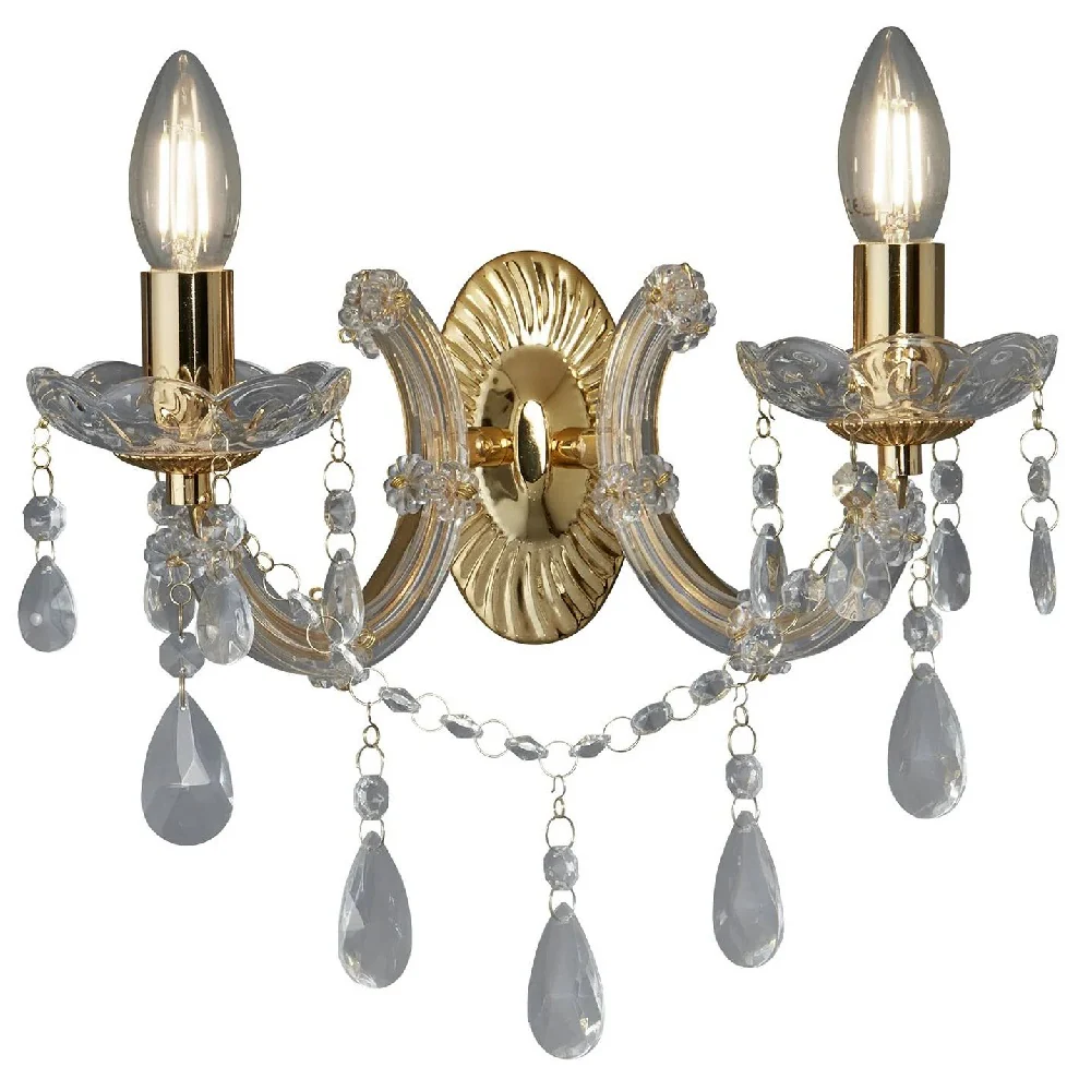Polished Brass Vintage 2 Lamp Wall Light with Crystal Acrylic Beads 320mm - Image 4