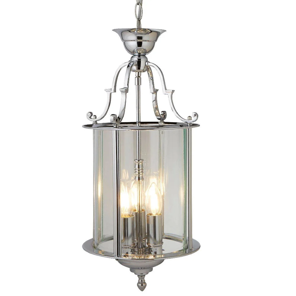 Polished Chrome & Bevelled Glass Vintage 3 Lamp Lantern Pendant Light 25cm
