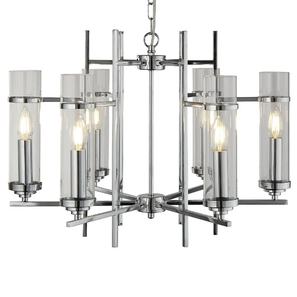 Polished Chrome & Clear Cylinder Glass Modern 6 Lamp Pendant Light 60cm - Image 2