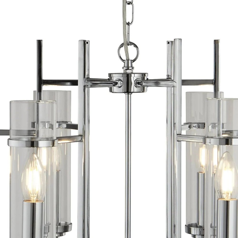 Polished Chrome & Clear Cylinder Glass Modern 6 Lamp Pendant Light 60cm - Image 3