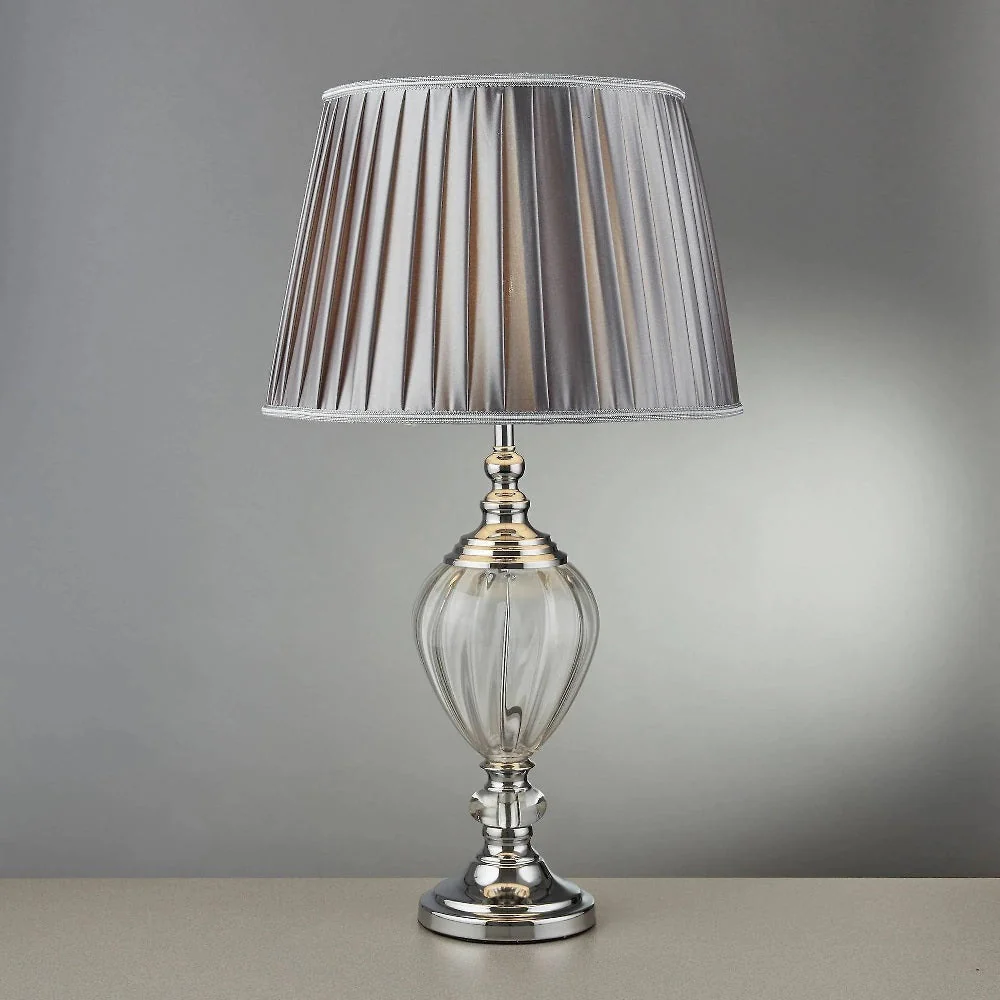 Polished Chrome & Clear Glass Vintage Table Lamp with Pewter Pleated Shade 68cm - Image 4