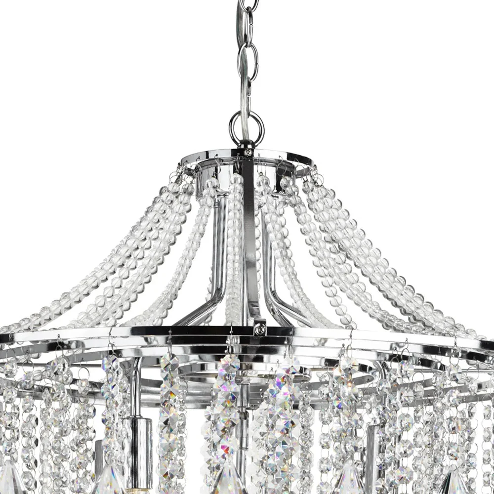 Polished Chrome & Crystal Bead Vintage 5 Lamp Chandelier Pendant Light 64cm - Image 3