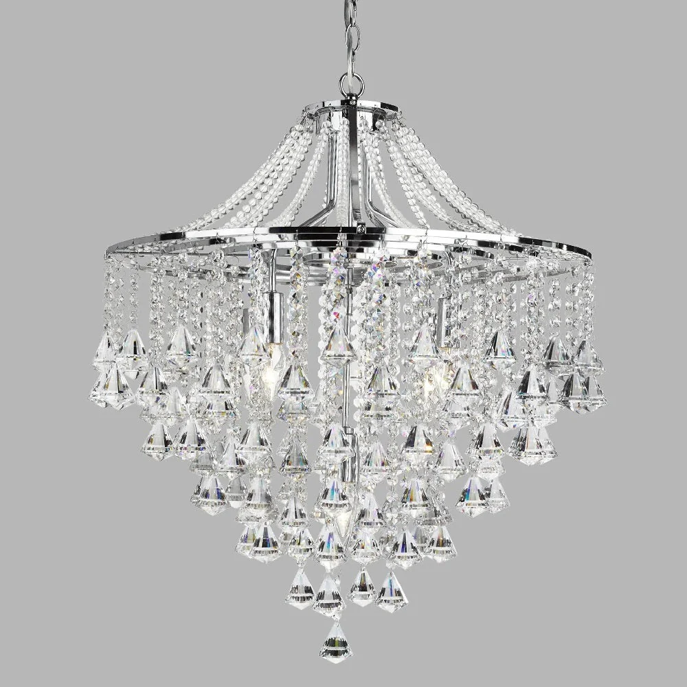 Polished Chrome & Crystal Bead Vintage 5 Lamp Chandelier Pendant Light 64cm - Image 4