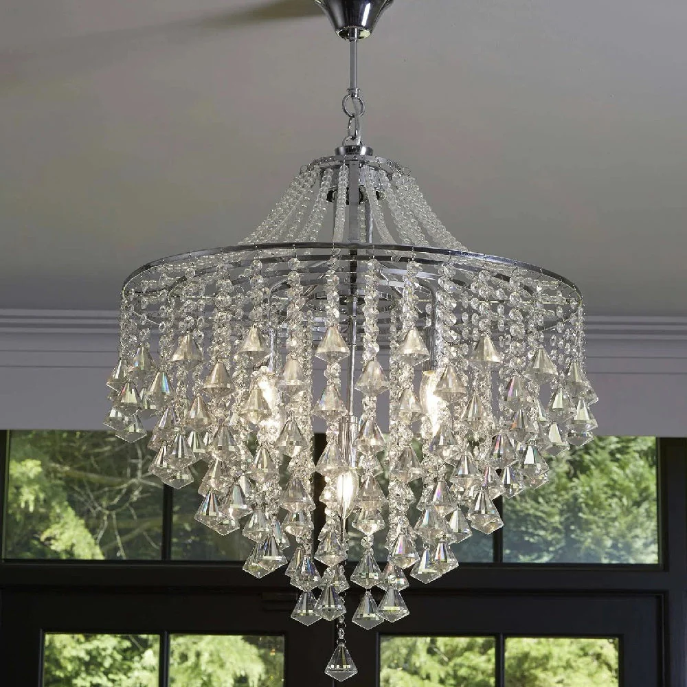 Polished Chrome & Crystal Bead Vintage 5 Lamp Chandelier Pendant Light 64cm - Image 5