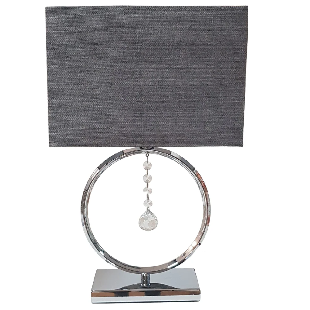 Polished Chrome & Crystal Modern Table Lamp with Grey Rectangular Shade 440mm