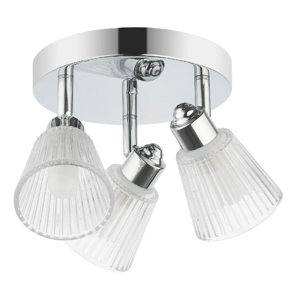 Polished Chrome & Ribbed Glass Vintage 3 Lamp Bathroom Ceiling Light IP44 - Image 2