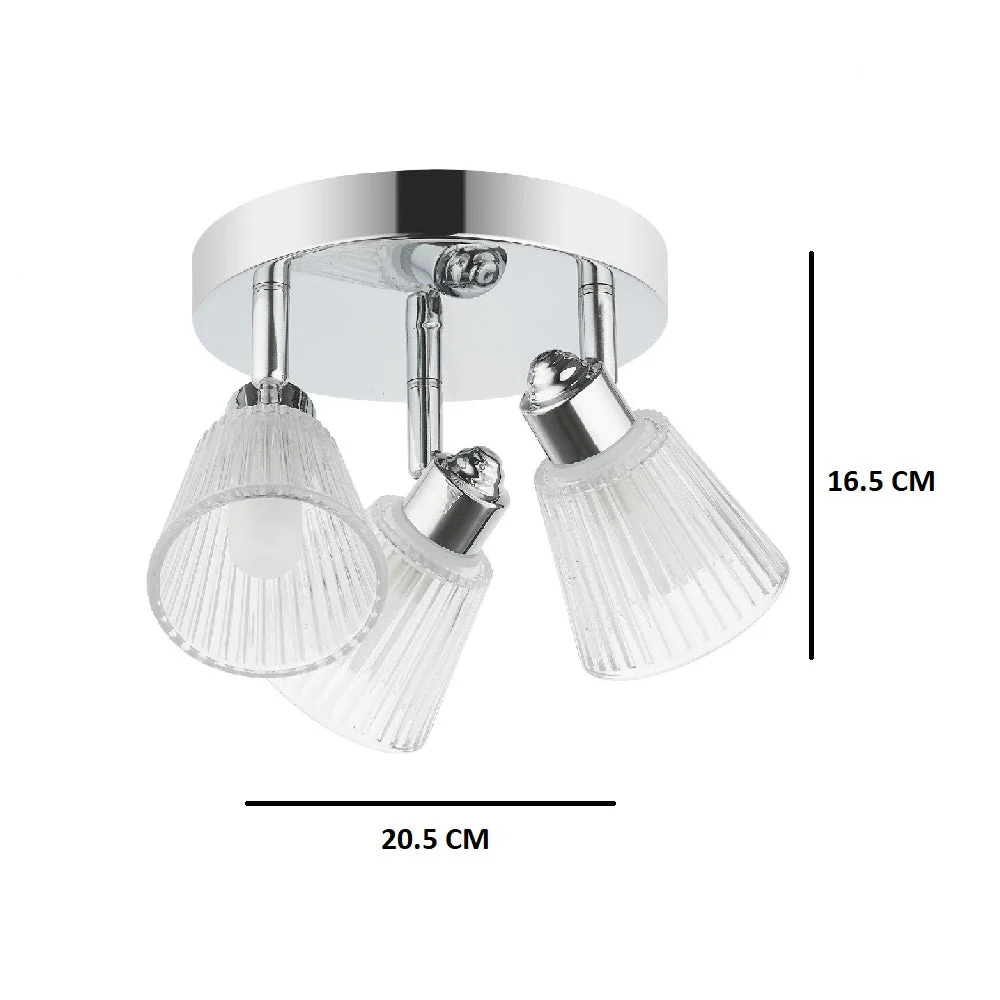 Polished Chrome & Ribbed Glass Vintage 3 Lamp Bathroom Ceiling Light IP44 - Image 4