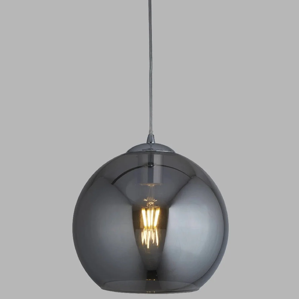 Polished Chrome & Smoked Glass Vintage Globe Dome Pendant Light 35cm - Image 4