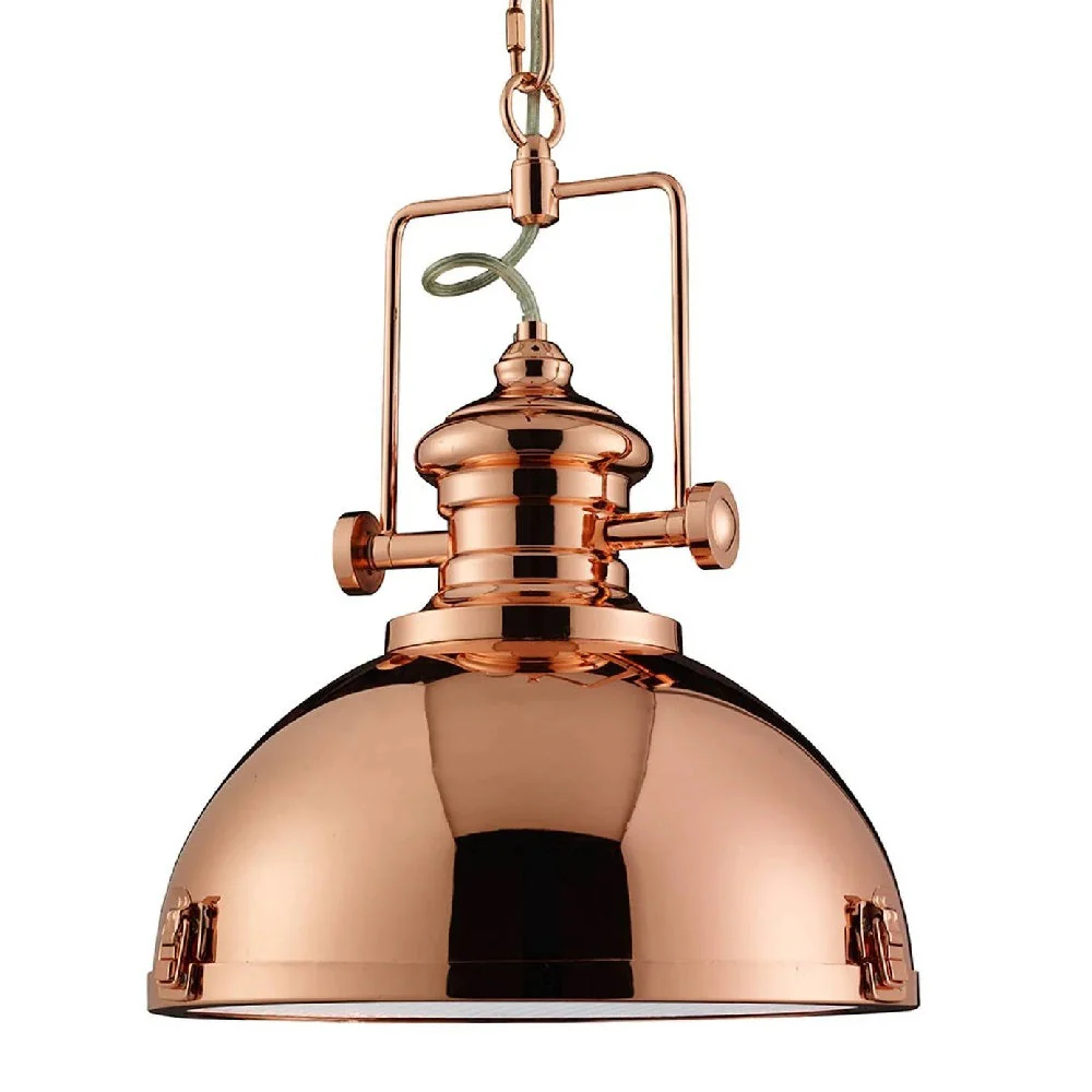 Polished Copper & Holophane Lens Industrial Metal Dome Pendant Light 31cm