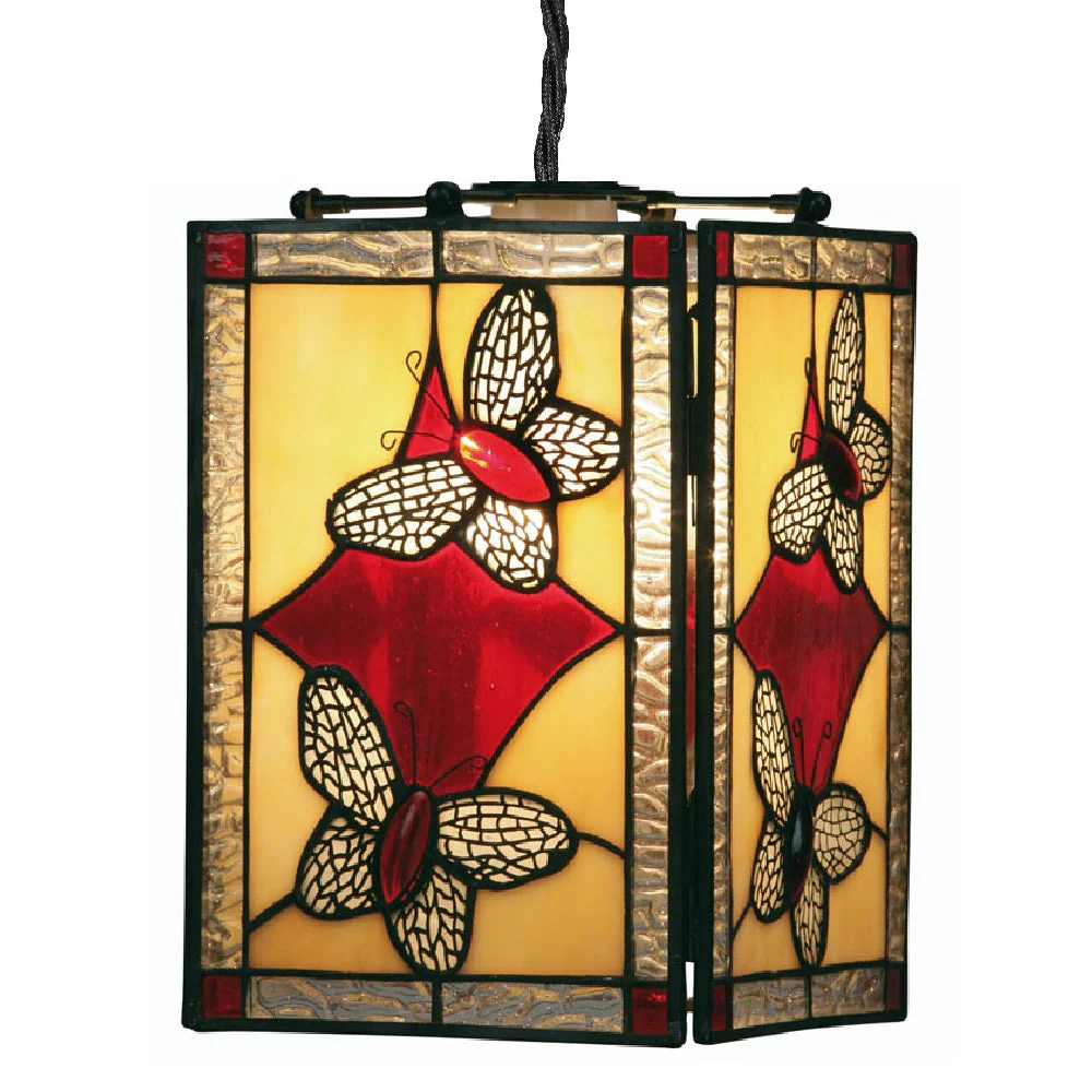 Red Butterfly Tiffany Glass Vintage Easy Fit Square Pendant 15cm - Image 3