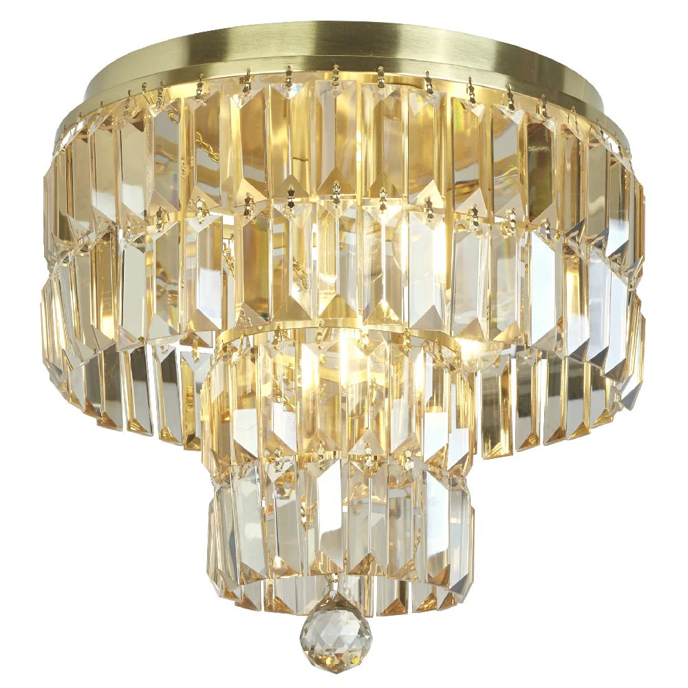 Satin Brass & Champagne Crystal Glass Bathroom Vintage Round 2 Tier Flush Light 34cm - Image 3