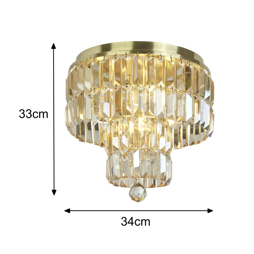 Satin Brass & Champagne Crystal Glass Bathroom Vintage Round 2 Tier Flush Light 34cm - Image 5