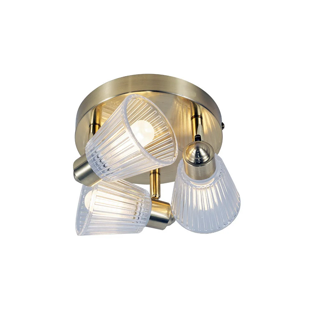 Satin Brass & Ribbed Glass Vintage 3 Lamp Bathroom Ceiling Light IP44 - Image 2