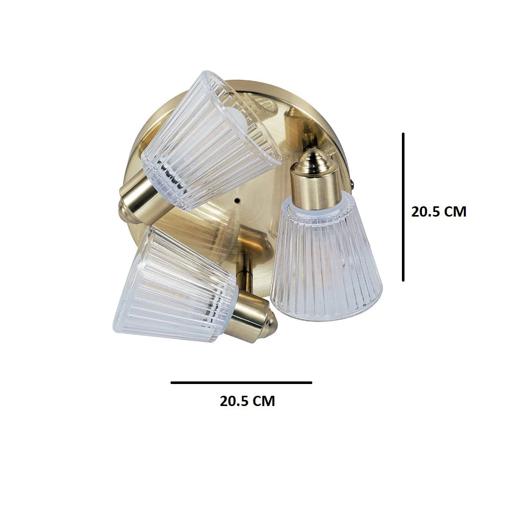 Satin Brass & Ribbed Glass Vintage 3 Lamp Bathroom Ceiling Light IP44 - Image 3