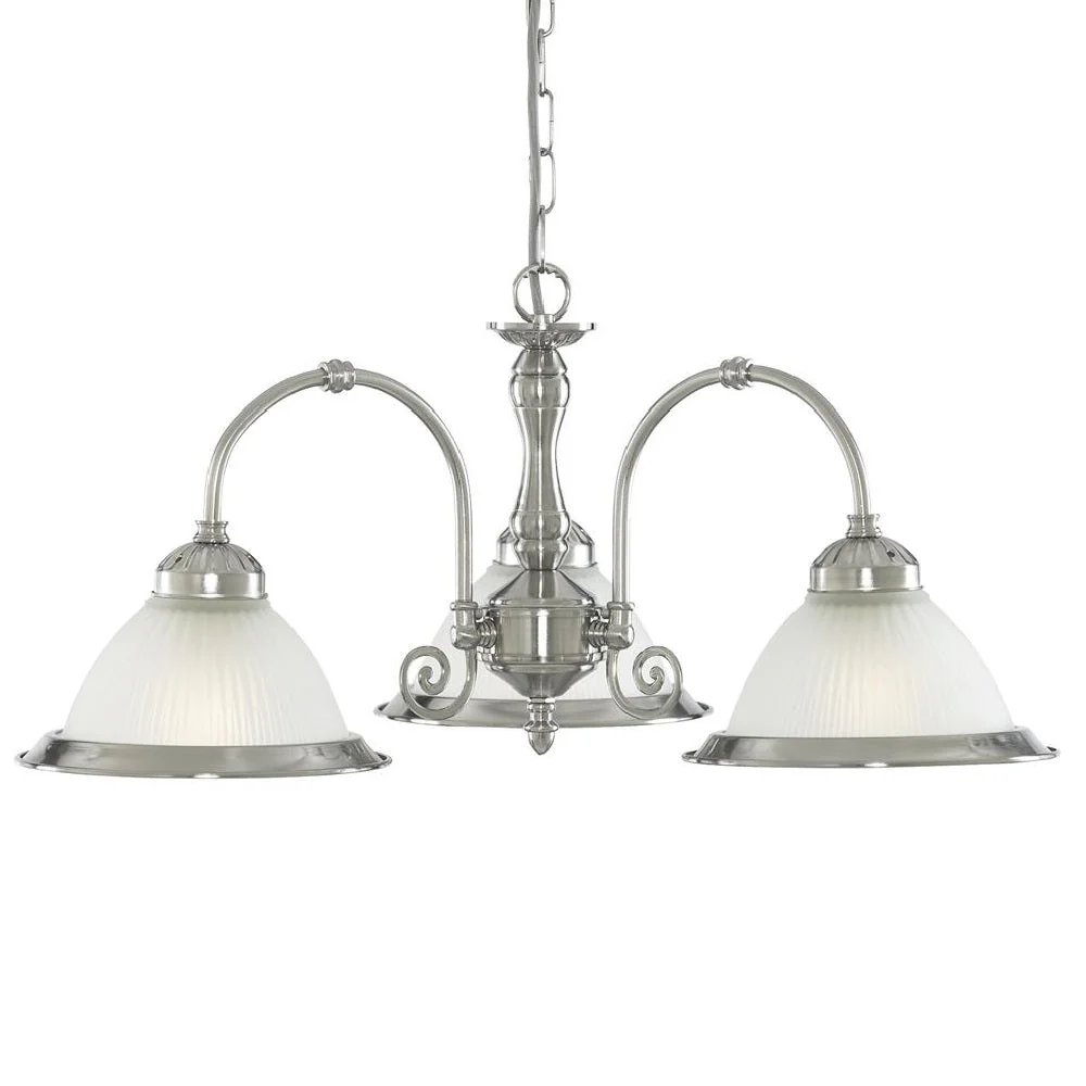 Satin Chrome & Acid Ribbed Glass Vintage Dome 3 Lamp Pendant Light 62cm