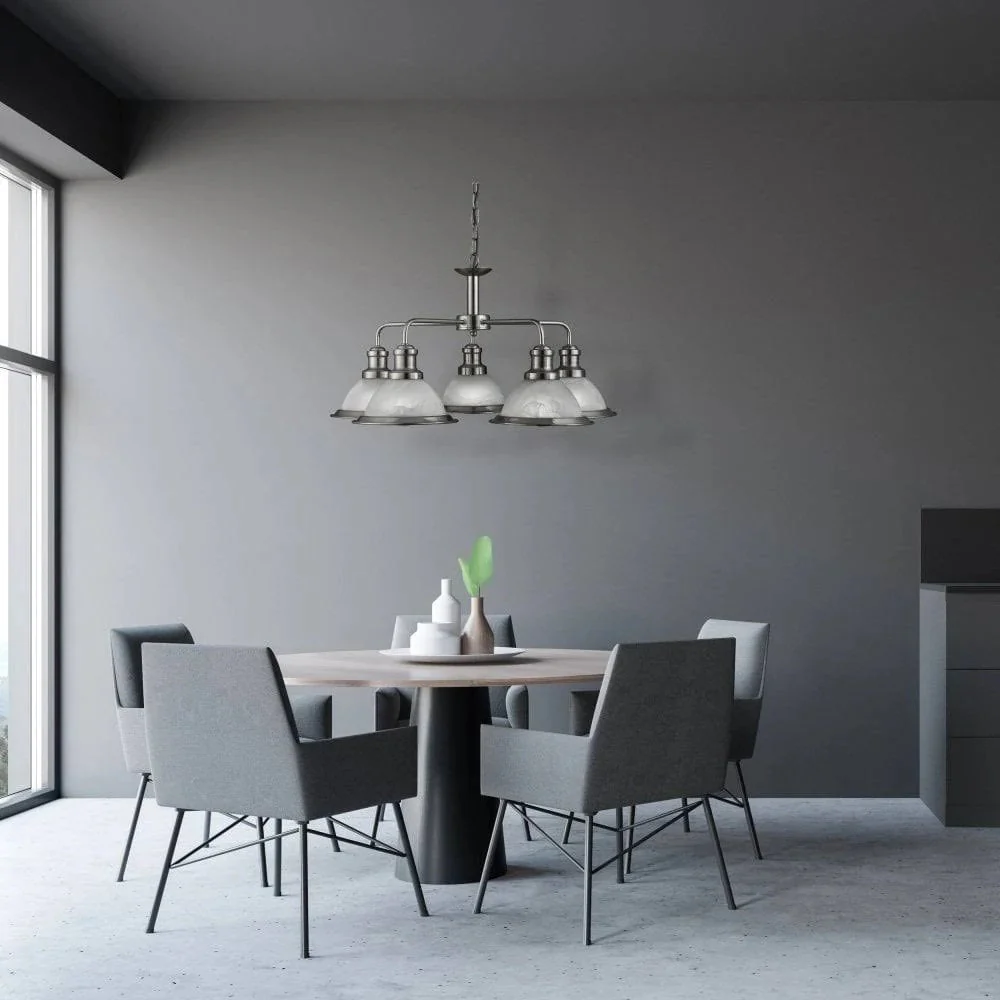 Satin Chrome & Alabaster Acid Glass Vintage Dome 5 Lamp Pendant Light 63cm - Image 4