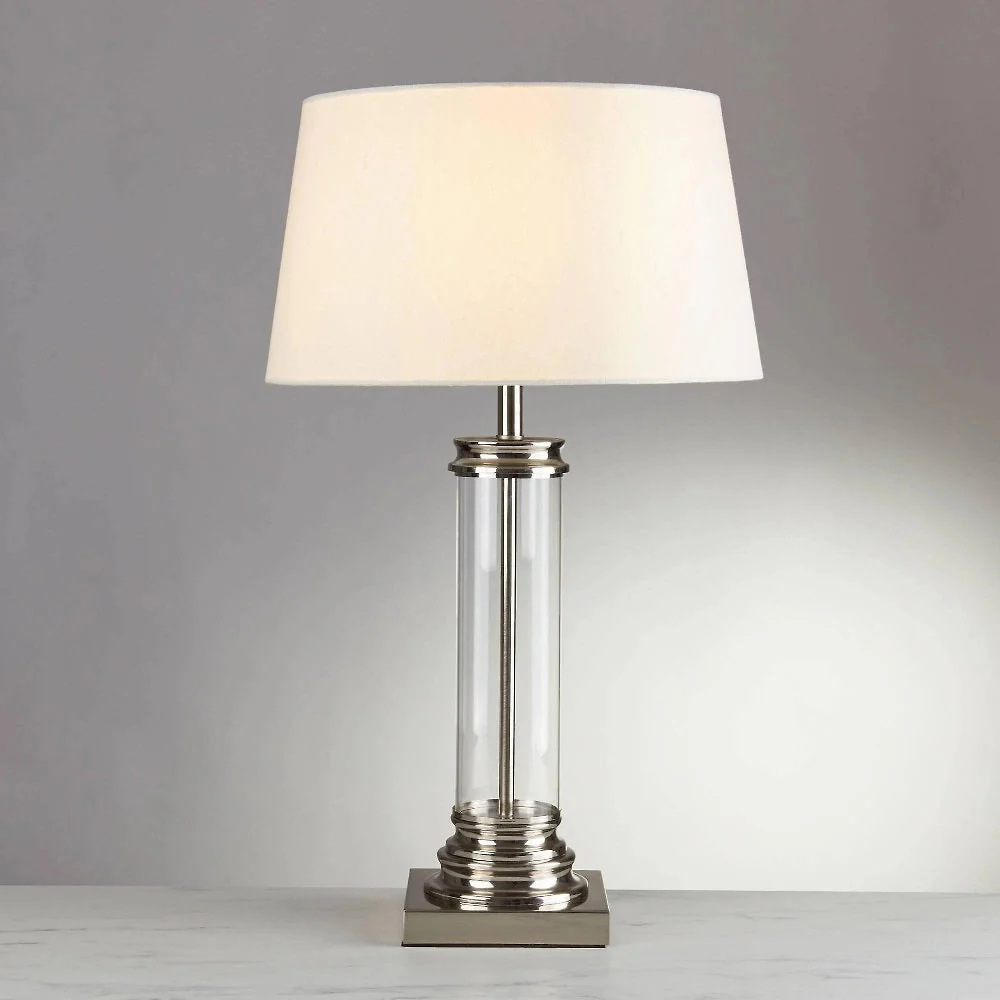 Satin Chrome & Clear Cylinder Glass Column Vintage Table Lamp with Off White Shade 63cm - Image 4
