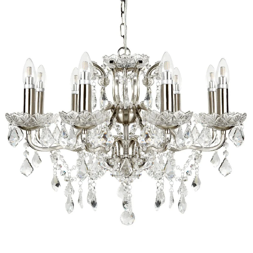 Satin Chrome & Crystal Bead Traditional 8 Lamp Chandelier Light 70cm