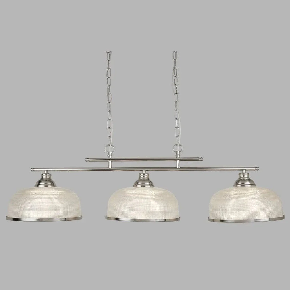 Satin Chrome & Holophane Glass Vintage Dome 3 Lamp Bar Pendant 99cm - Image 4