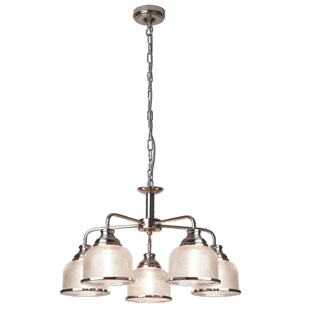 Satin Chrome & Holophane Glass Vintage Dome 5 Lamp Pendant Light 58cm - Image 3