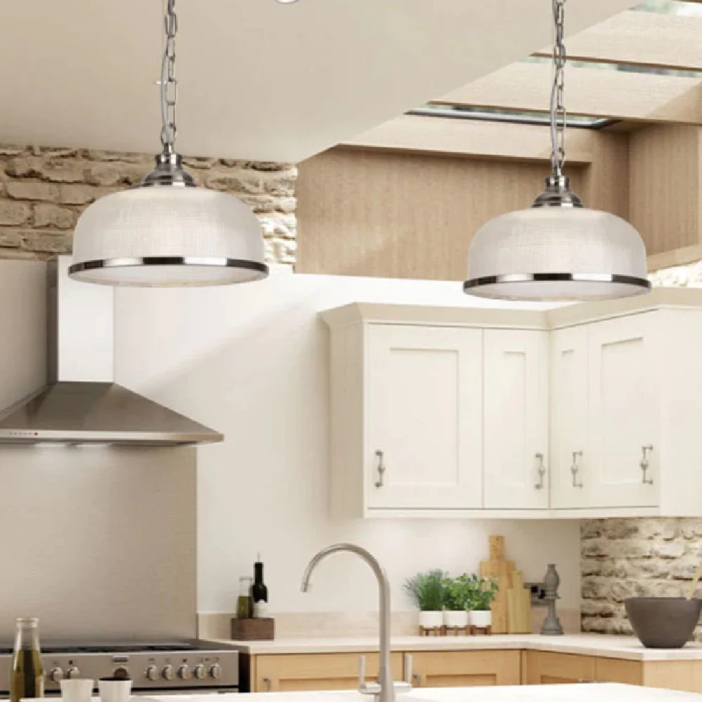 Satin Chrome & Holophane Glass Vintage Dome Pendant Light 27cm - Image 4