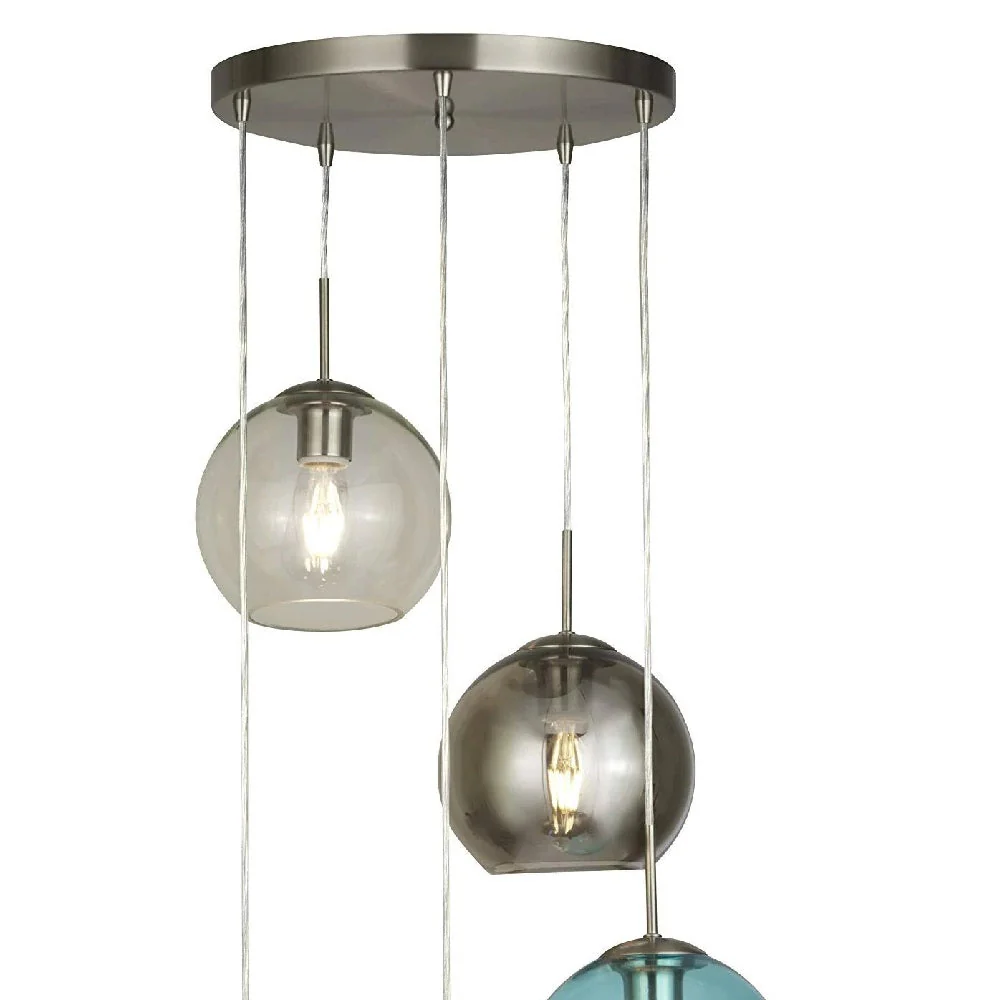 Satin Chrome & Multicolour Dome Globe Glass Modern 5 Lamp Cluster Pendant 50cm - Image 2
