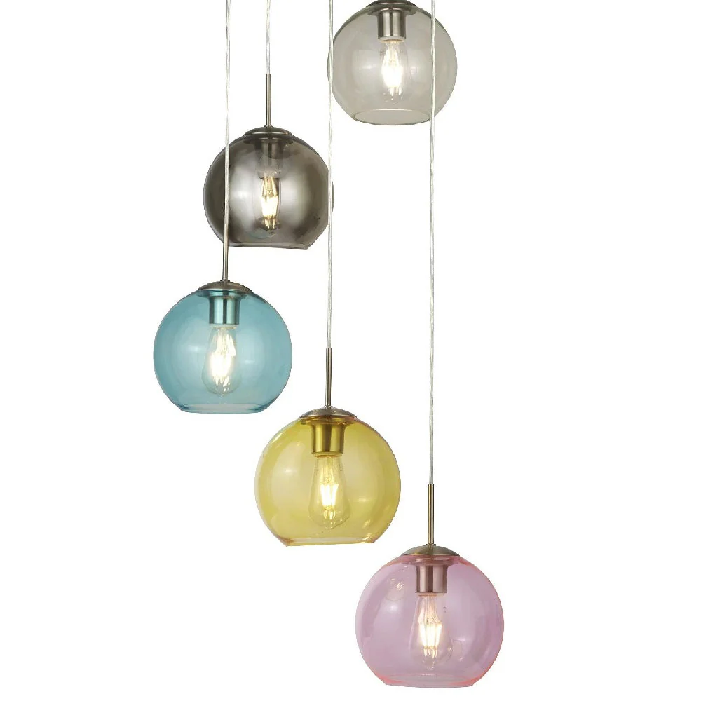 Satin Chrome & Multicolour Dome Globe Glass Modern 5 Lamp Cluster Pendant 50cm - Image 3