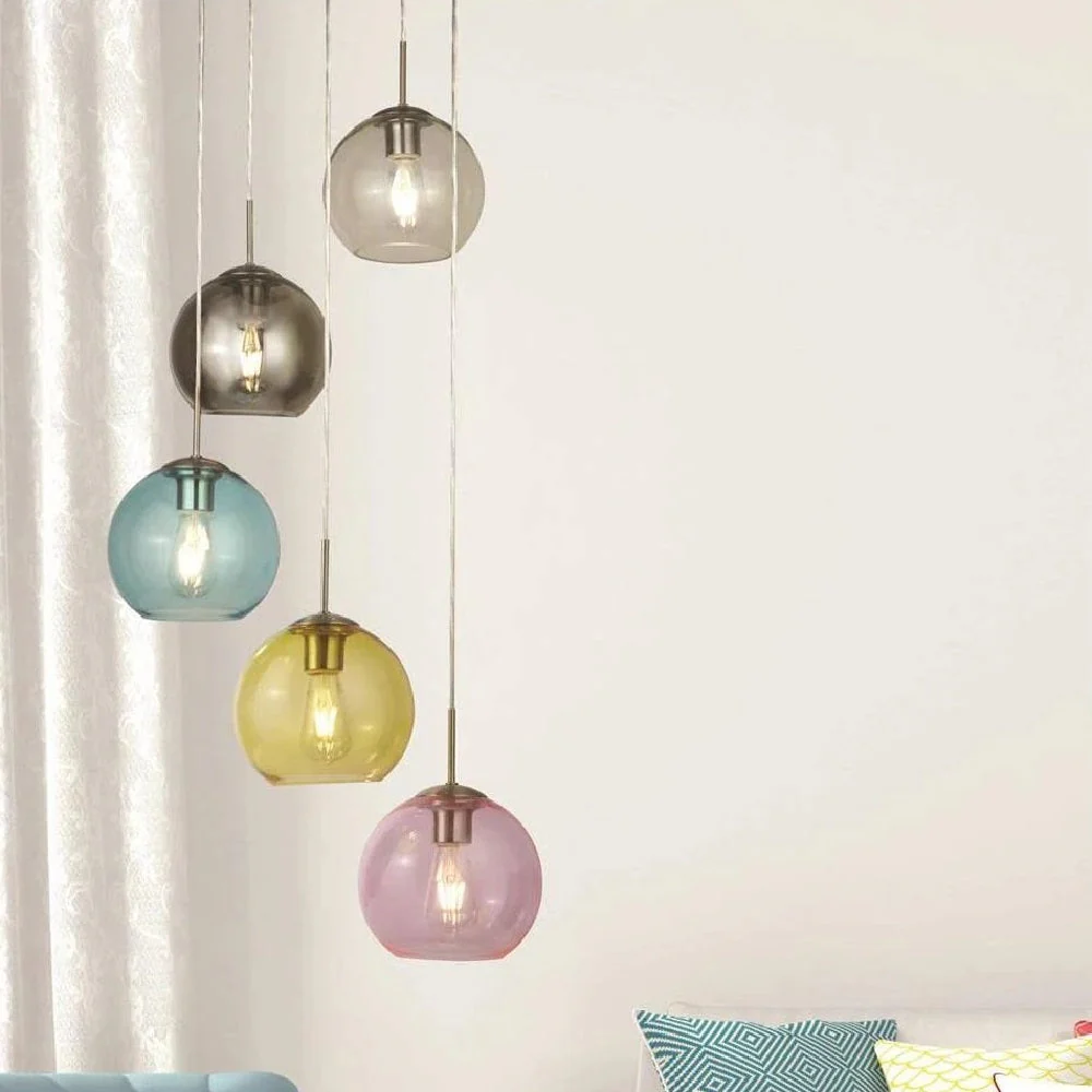 Satin Chrome & Multicolour Dome Globe Glass Modern 5 Lamp Cluster Pendant 50cm - Image 4