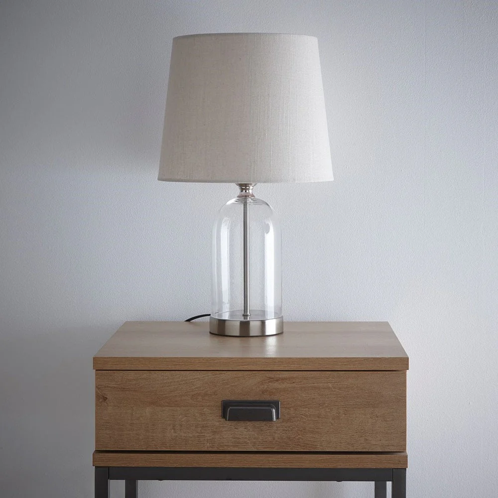 Satin Nickel & Clear Glass Bell Jar Table Lamp with Natural Linen Shade 48cm - Image 4