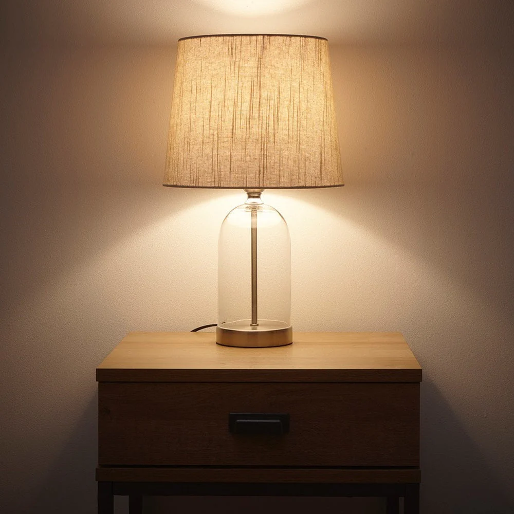 Satin Nickel & Clear Glass Bell Jar Table Lamp with Natural Linen Shade 48cm - Image 5